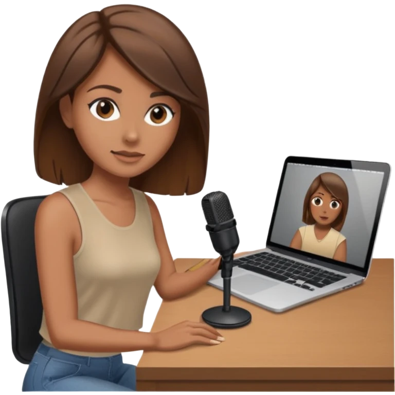tanned brown hair woman, sat at desk with MacBook, podcast microphone bleige top and beige, sexy, glass table emoji