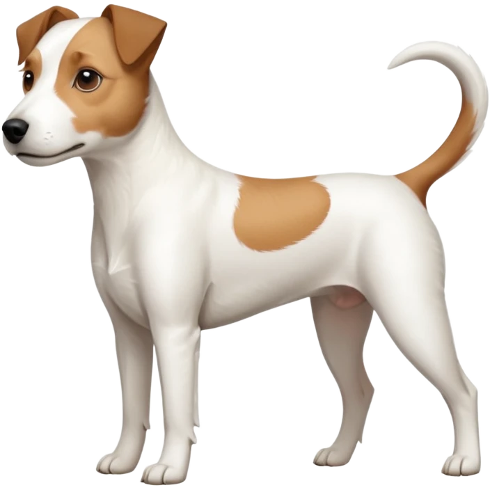 a full body slightly chubby white parson russell terrier looking dog the size of a kelpie with light brown long ears and a light brown patch on one eye and a large snout. the rest of the dog is completely white. forward facing emoji