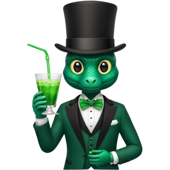 snake wearing suit, bowtie and top hat, holding a glass of green drink emoji
