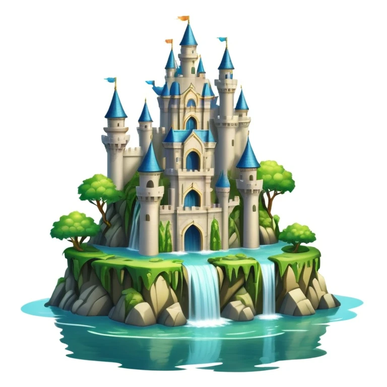 Fantasy castle on a floating island with waterfalls emoji