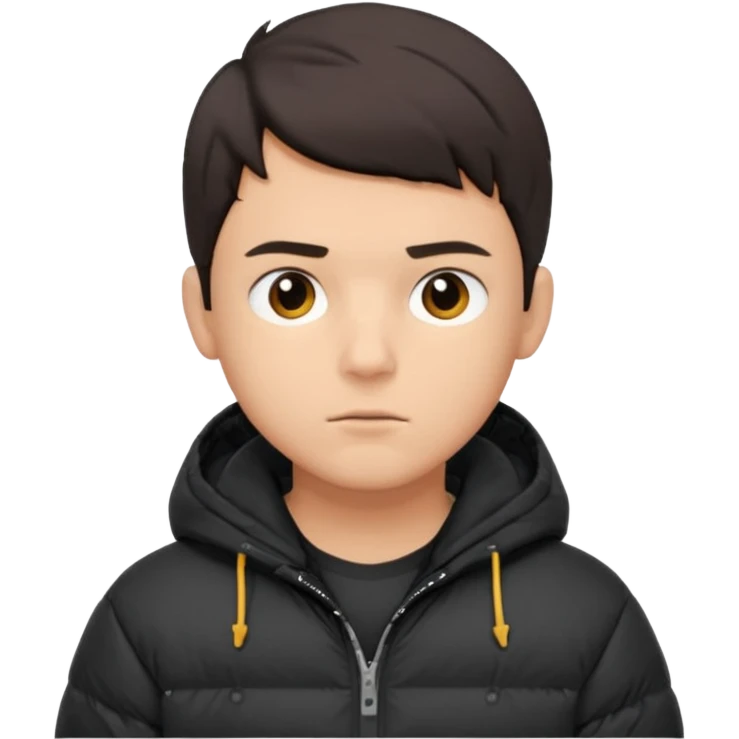 Style anchor + Young adult male American, medium skin, short dark hair, black puffer jacket over hoodie, neutral focused. emoji