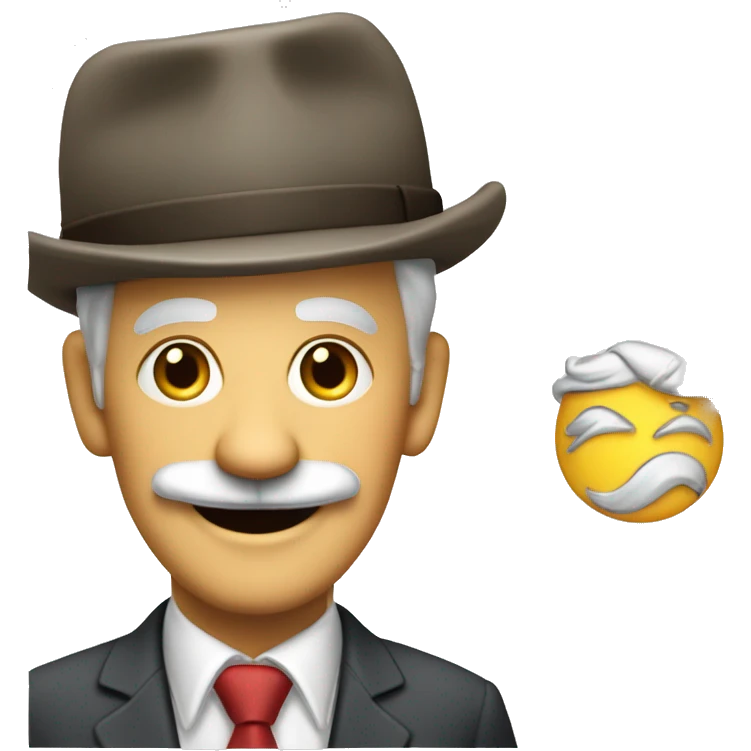 White old guy with a mustasch and an an old ugly suit, big smile and a cap with an oil company logo emoji