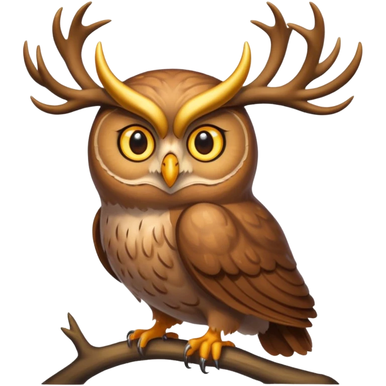 Emoji chouette perchée brun clair, yeux jaunes brillants,bois de cerf imposants sur la tête, sagesse et puissance. Avec majesté emoji