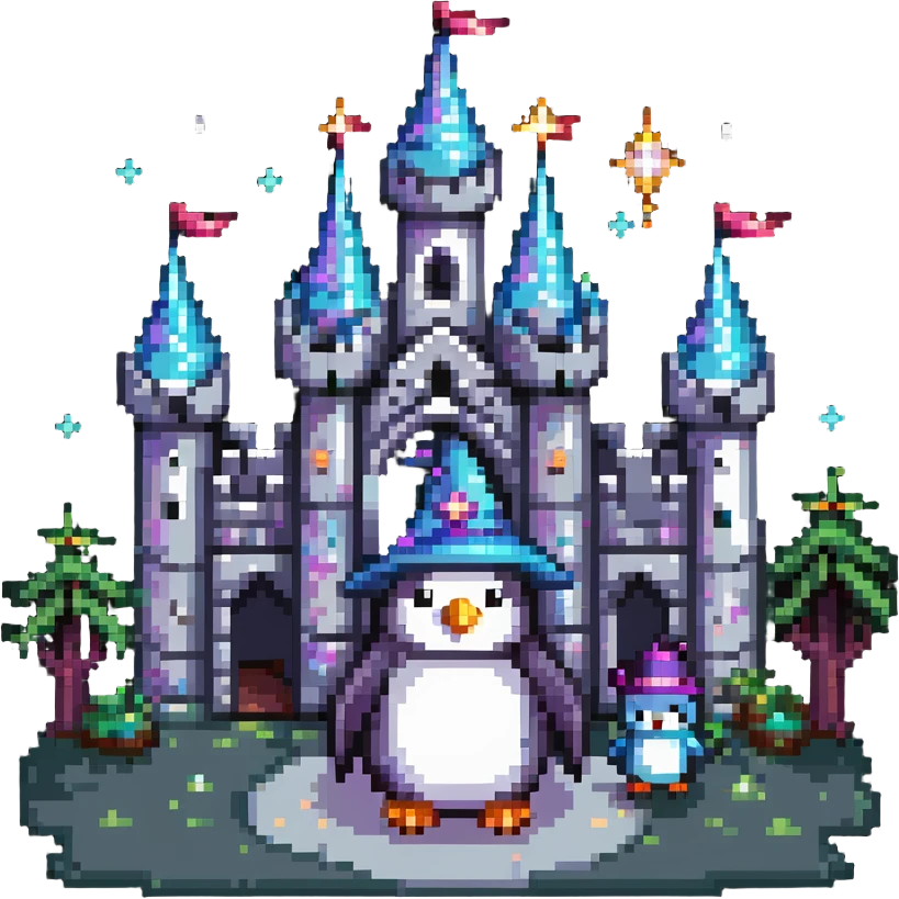 penguin wizard with magical sparkles, a unicorn, fairy, and tiny goblin companion in a pixelated fantasy world with a castle emoji