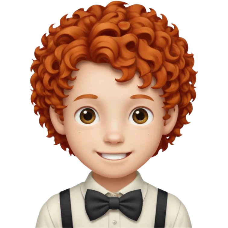 redhead kid with unique face features and very curly hair kid boy happy and braces on teeth, wearing a bow on head on hair just one bow emoji
