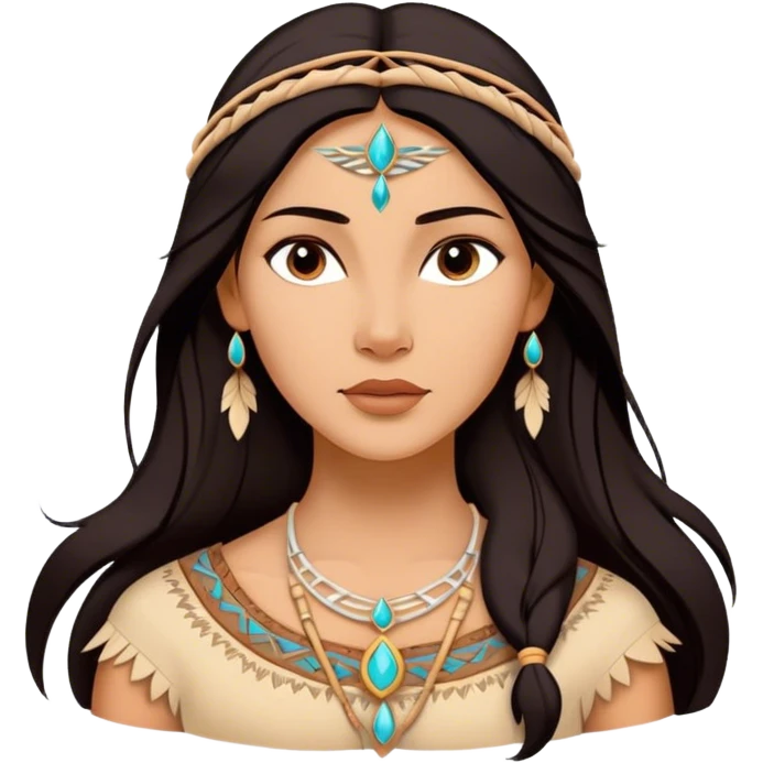 Cinematic Radiant Pocahontas Portrait Emoji, rendered in a vector-style with clean lines. Show Pocahontas with luminous, sun-kissed skin and flowing dark hair adorned with subtle natural ornaments, her expression calm and kind, dressed in simple traditional attire with earthy tones. The image glows softly with a warm, inviting radiance, enhanced by a soft glowing outline. emoji