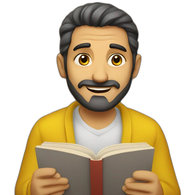 Armenian men with the yellow clothes reading book and looking at camera and smiling  emoji