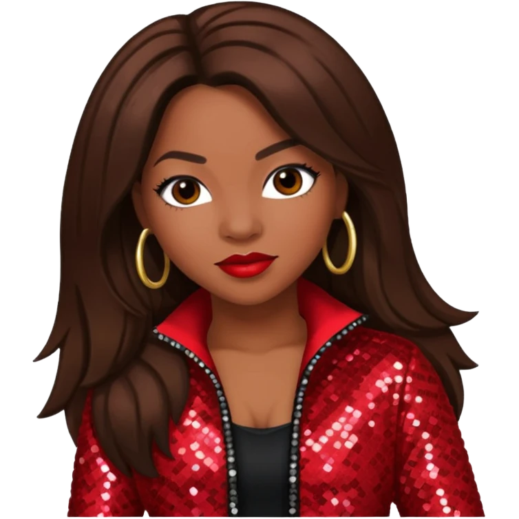 Tamika Scott from Xscape with long dark brown hair, red sequin outfit emoji