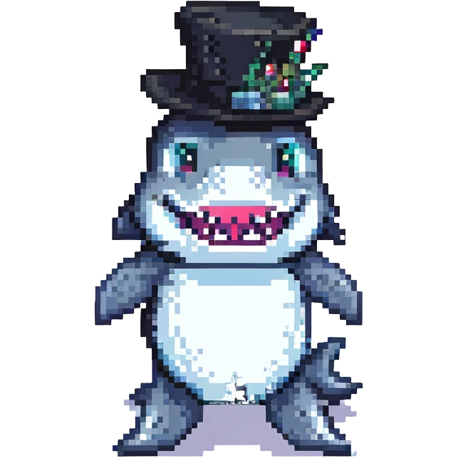 pixel art shark with a black tophat emoji