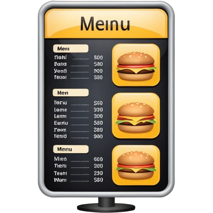 digital menu board with menu of restaurant items not emoticons emoji