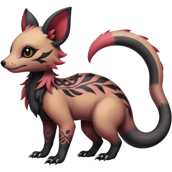 Rare warm-colored exotic cute epic aesthetic gothic colorful Salandit-Eevee-Civet-species-Fakemon-hybrid-creature, with intricate tattoo markings, full body emoji