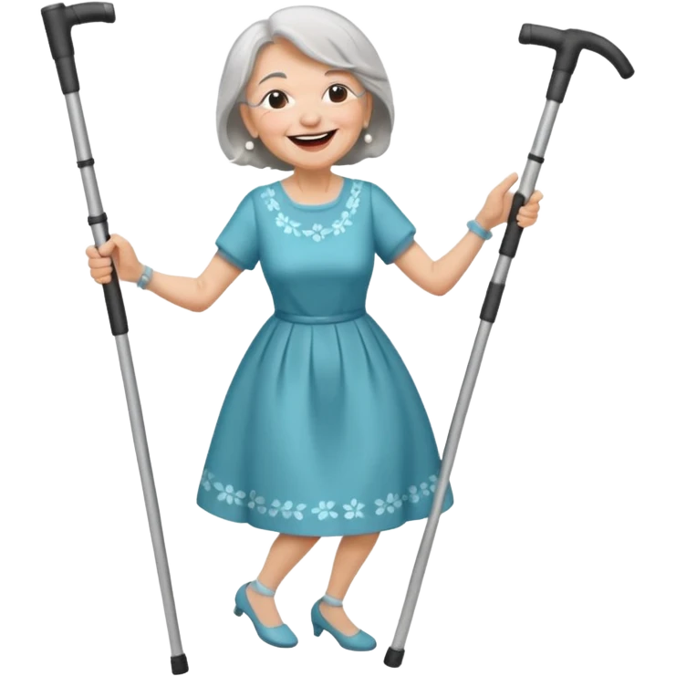 elderly woman with pants, grey hair, laughing and dancing th crutches emoji