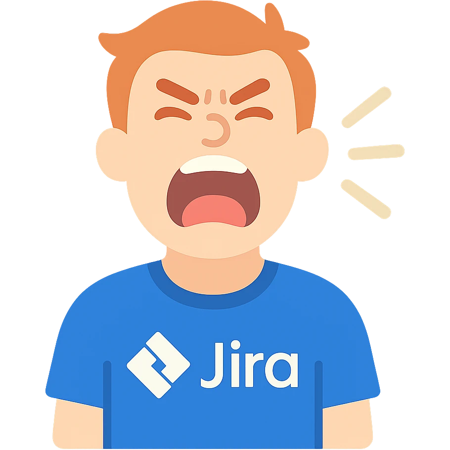 screaming IT guy wearing an Atlassian Jira t-shirt, colored icon emoji