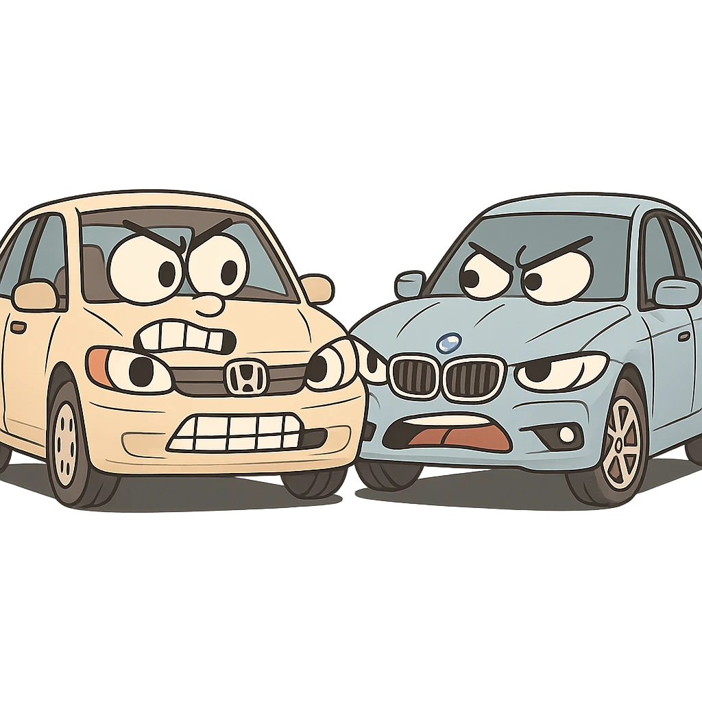 Honda and BMW cars with exaggerated expressions, comic style emoji