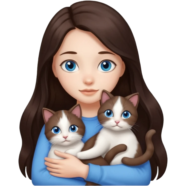 a pretty girl with long dark 
brown hair, with blue eyes, hugs 3 different natural coloured small cats emoji