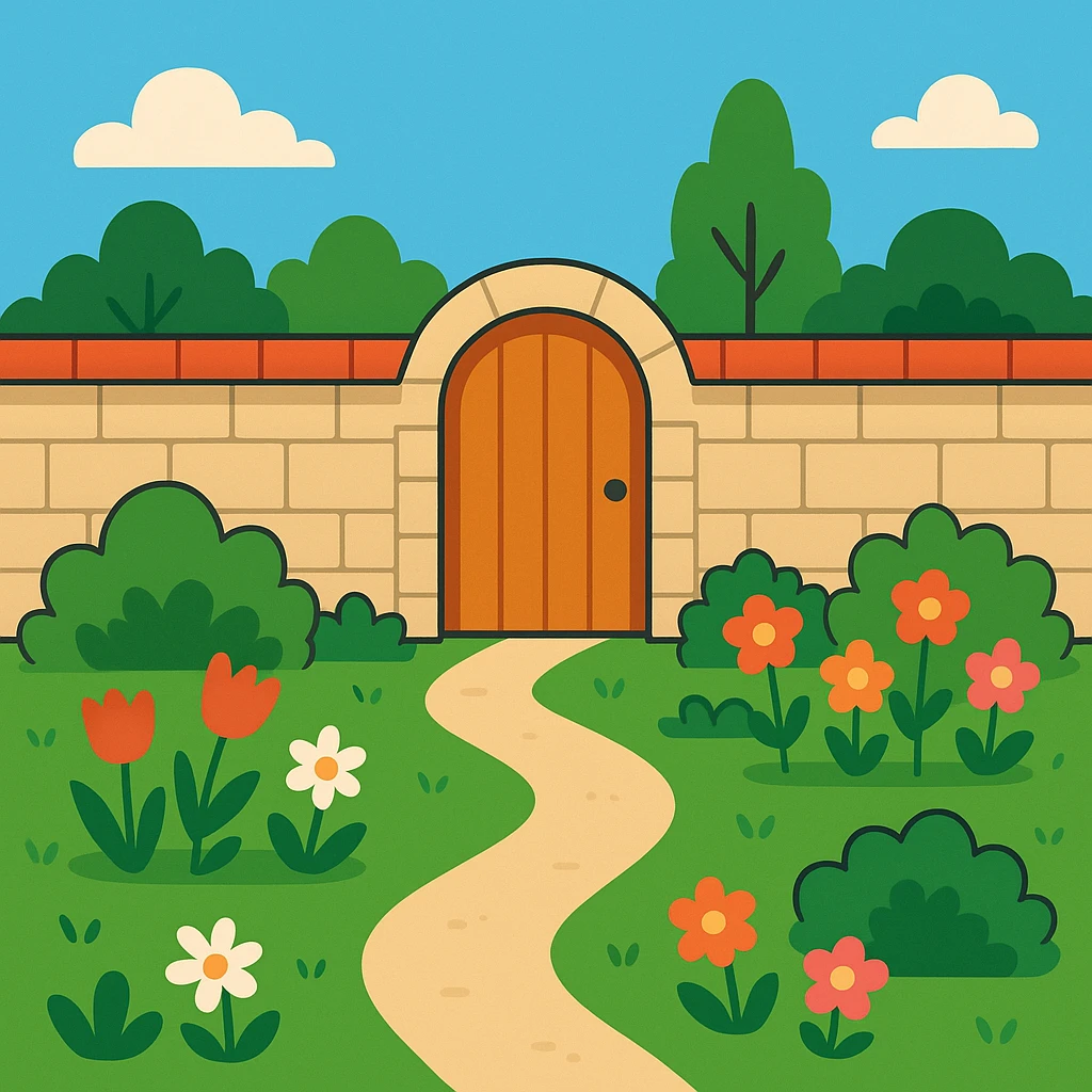 flat toon style walled garden, simple and colorful emoji