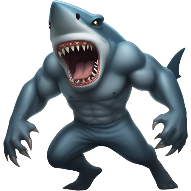 Half shark half human eating a demon emoji