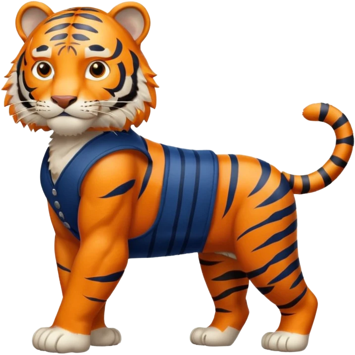 crea un tigre de cuerpo completo, que lleve un chaleco color azul marino y que en el chaleco lleve el nombre (telamon) emoji