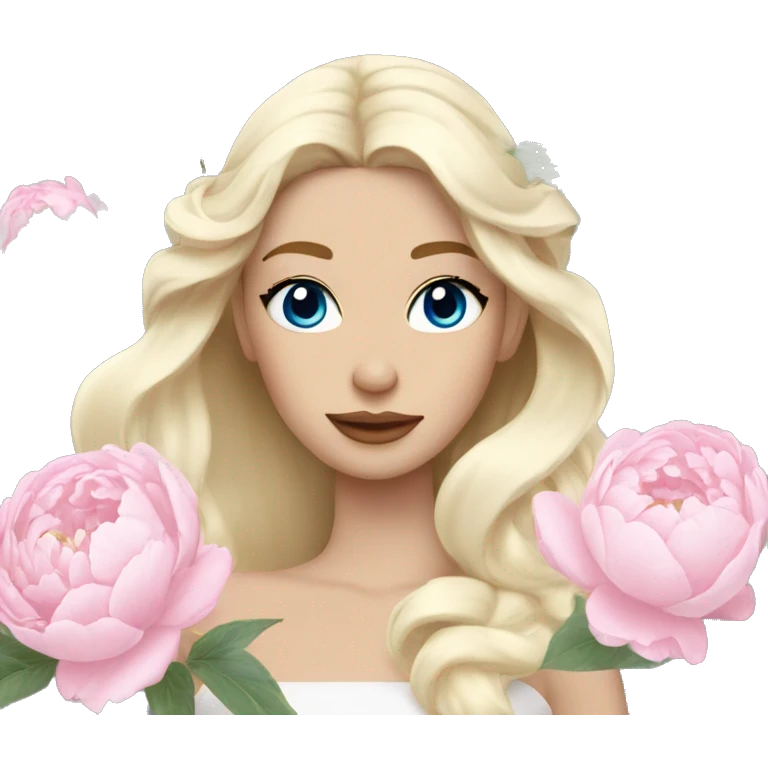 White bride with long light blonde hair and blue eyes with light pink peonies in hair white skin  emoji