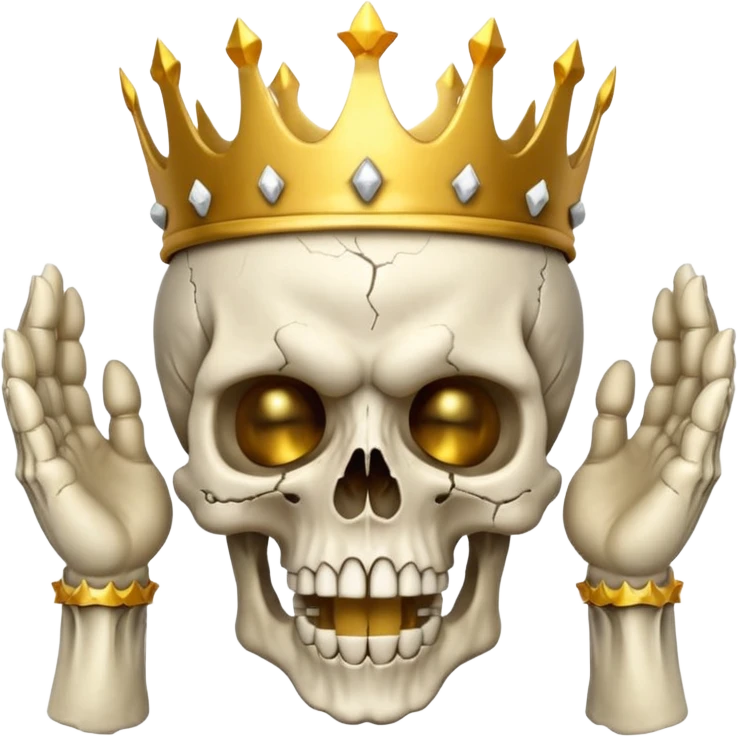 Demonic 3D skull holding its head by its two hand in shock, mouth open, wearing a golden crown, horror vibe emoji