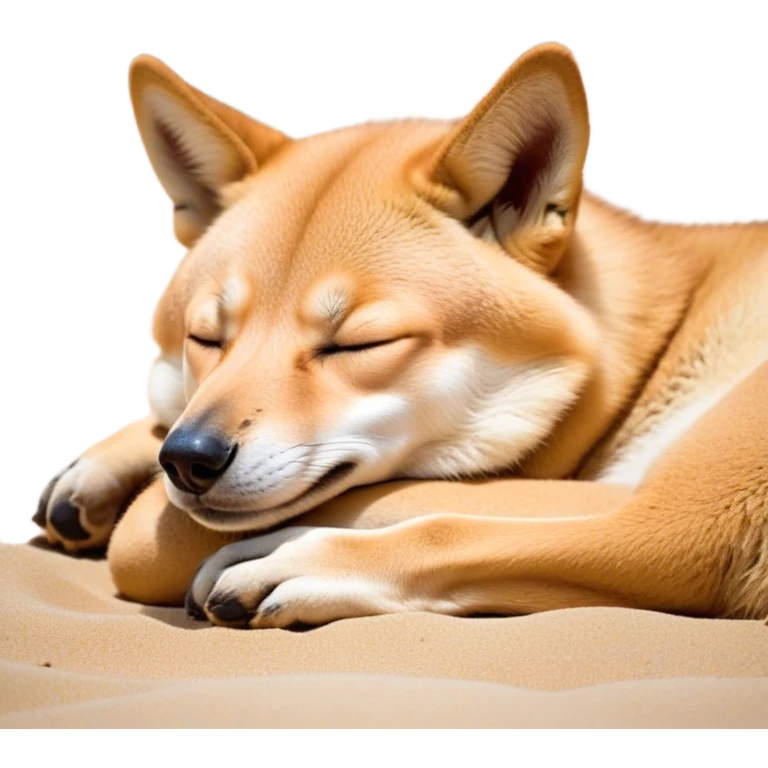 Meme-Worthy Cute Sleeping Dingo Portrait Emoji, Head resting peacefully with a contented smile, showcasing a lean build and a luxuriously soft sandy fur, eyes shut in a serene, restful nap, Simplified yet hilariously adorable features, highly detailed, glowing with a soft, drowsy light, high shine, relaxed and utterly lovable, stylized with an air of playful laziness, bright and heartwarming, soft glowing outline, capturing the essence of a comically sleepy dingo, so meme‐worthy it feels like it could instantly become the next viral sensation of adorable outback slumber! emoji