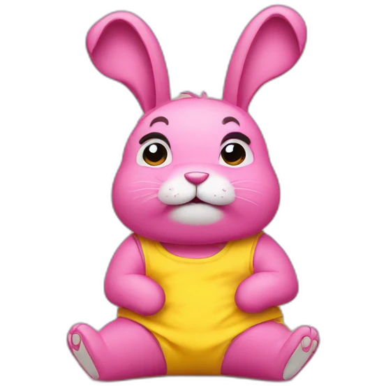 Pink rabbit crying hard, wears yellow teeshirt emoji