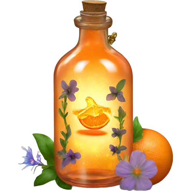 Orange magic fairy light sparkling old Antique bottle with poison and with herbal and flowers emoji