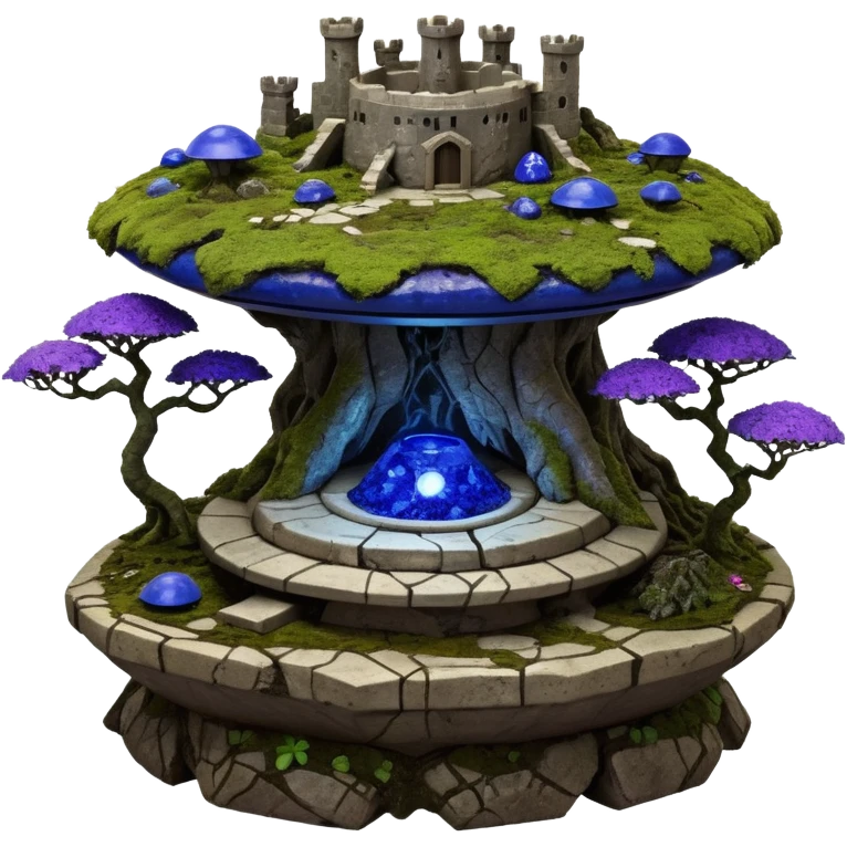  Ancient alien saucer-castle jungle winding trail mountainside getaway haunted nighttime landscape antique mudman very old broken cracked intricately detailed Stone Age lapis-crusted irregular dodecagon-shaped shallow dark moss rough bark violet flowered maple bonsai Saikei coffee table-sized pot  emoji