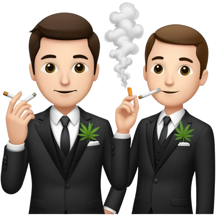 Two well-dressed men in suits crashing a wedding party, smoking cannabis emoji