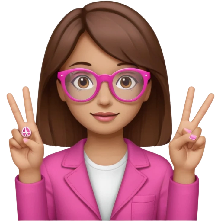 girl with medium brown hair and brown eyes, wearing pink glasses, with a peace sign emoji