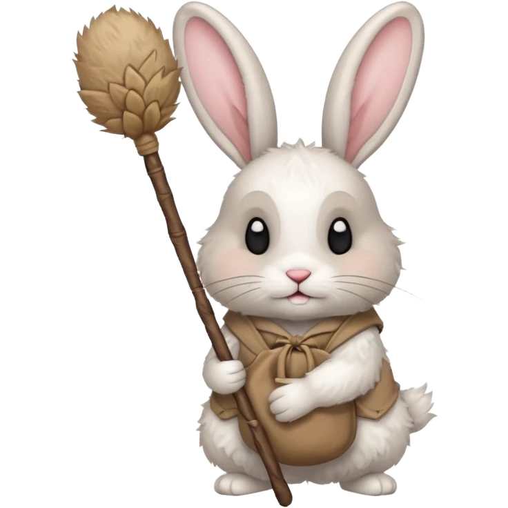 A fluffy rabbit with messy fur, carrying a patched little pouch tied to a stick, ears drooping but expression soft.
 emoji