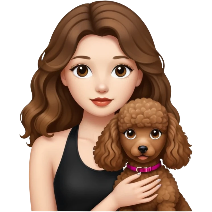 girl with long balayage hair and long lashes, wearing black halterneck top, and holding a brown poodle emoji
