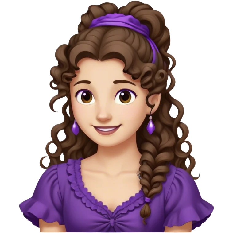 Femme aux cheveux longs et bruns, attachés en une queue-de-cheval haute et bouclée. Une mèche retombe sur son front. Elle porte une robe violette de style antique et a un sourire espiègle. emoji