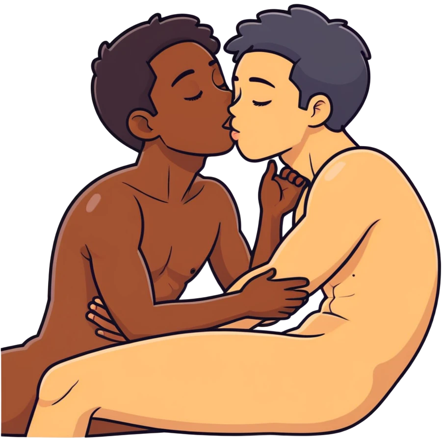 (((White adult male dark hair))) ,(((Dark skin  adult male))), naked, ((( sexual touching genitals))) , intercourse,spooning, kissing eyes closed tongue open mouth ,penis view, erotic rubbing body, sucking  emoji