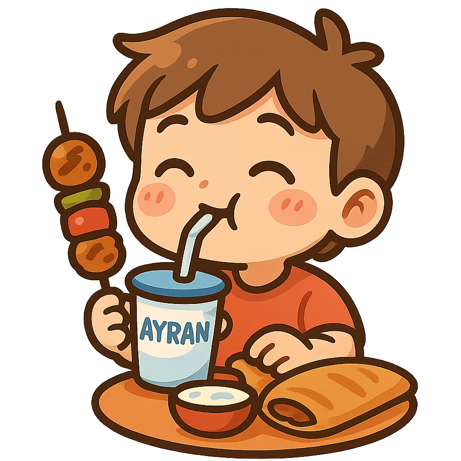 Ayran içen bir karakter, yemek yerken, mizahi ve sevimli bir şekilde, colorful and fun chibi sticker style emoji