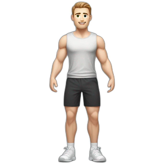 Full height Actively gesturing with hands Pale skinned Fit Man With the biceps and brown hair in dark gray Sleeveless Mike, black oversize sports shorts and white Sneakers emoji