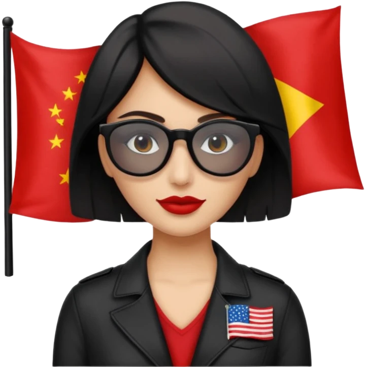 Una mujer morena (de pelo)  con una coleta de color negro) y gafas de sol de color negro y una bandera roja en la mano emoji