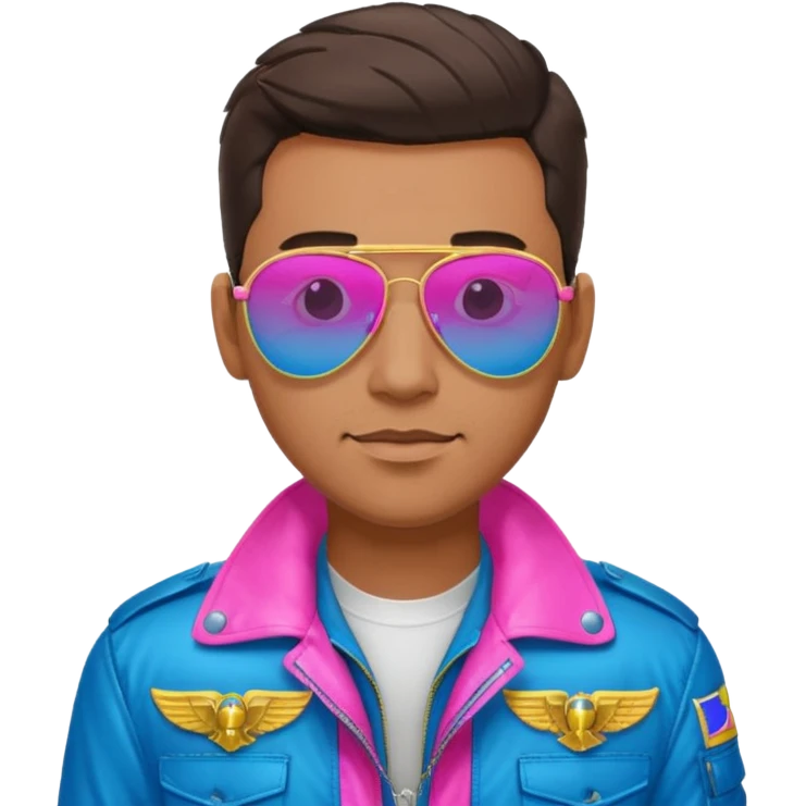 1980s cool man with stubble wearing reflective neon pink and blue aviator sunglasses and a pilot topgun jacket emoji