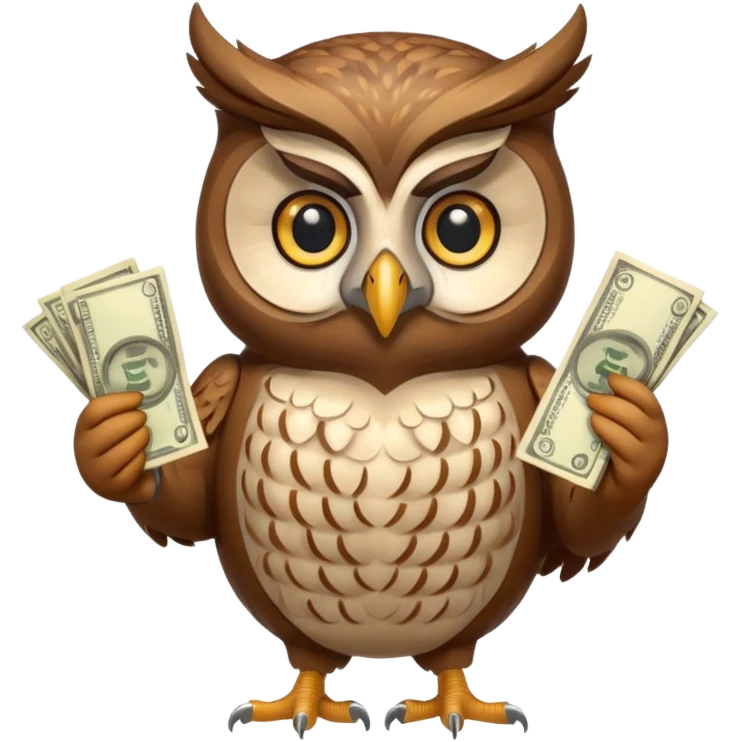 mascot owl holding money and scale with two  emoji