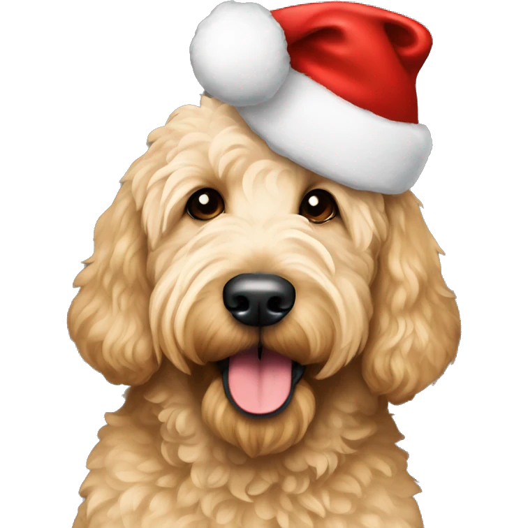 goldendoodle, blond fur, with à christmas hat emoji
