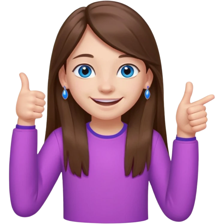 12 year old girl, blue eyes, brown long ish straight hair, smile and two thumbss up with purple stud earings and a pink shirt, and that you can see my whole body, and no teeth in my smile emoji
