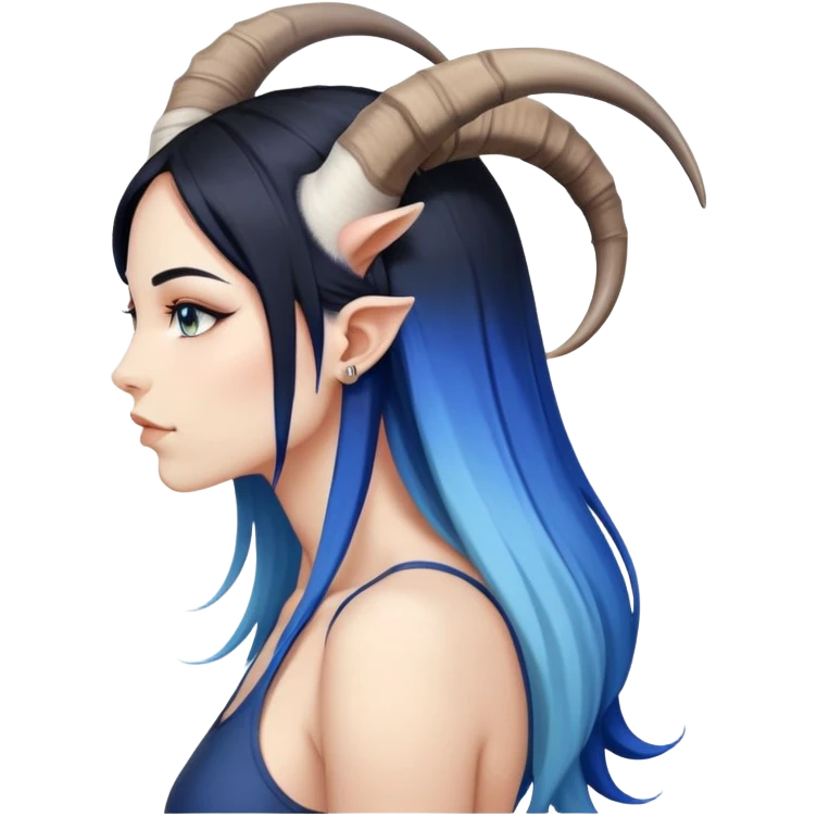 Art of woman's very sexy body scheme anatomy-very long straight black to blue hair ombre-side view-small goat horns emoji