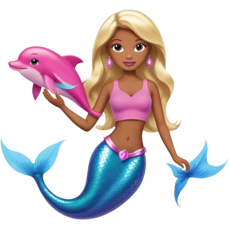 Brown skin blonde hair barbie mermaid with pink dolphin  emoji