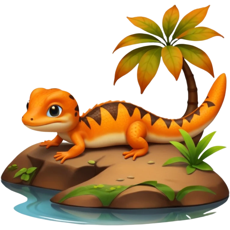A 3D cartoon newt resting near a pond, orange and brown colors, visible tail, friendly expression, soft reflections and lighting, Memoji-style character. emoji