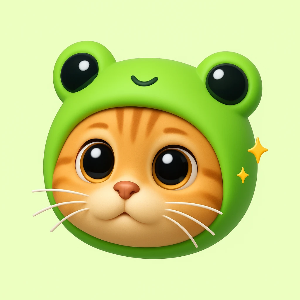 3D iOS style emoji of a cat wearing a green frog hat, mimicking the colors and composition of the reference image. emoji