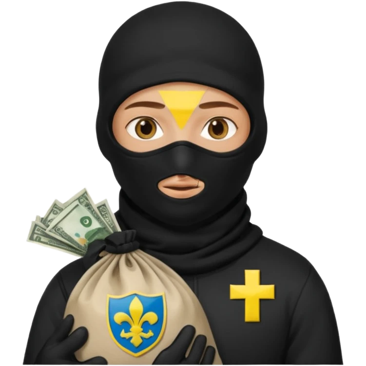 создай украинца в черное одежде с эмблемой страны и черной балаклаве с большим мешком денег в руках emoji