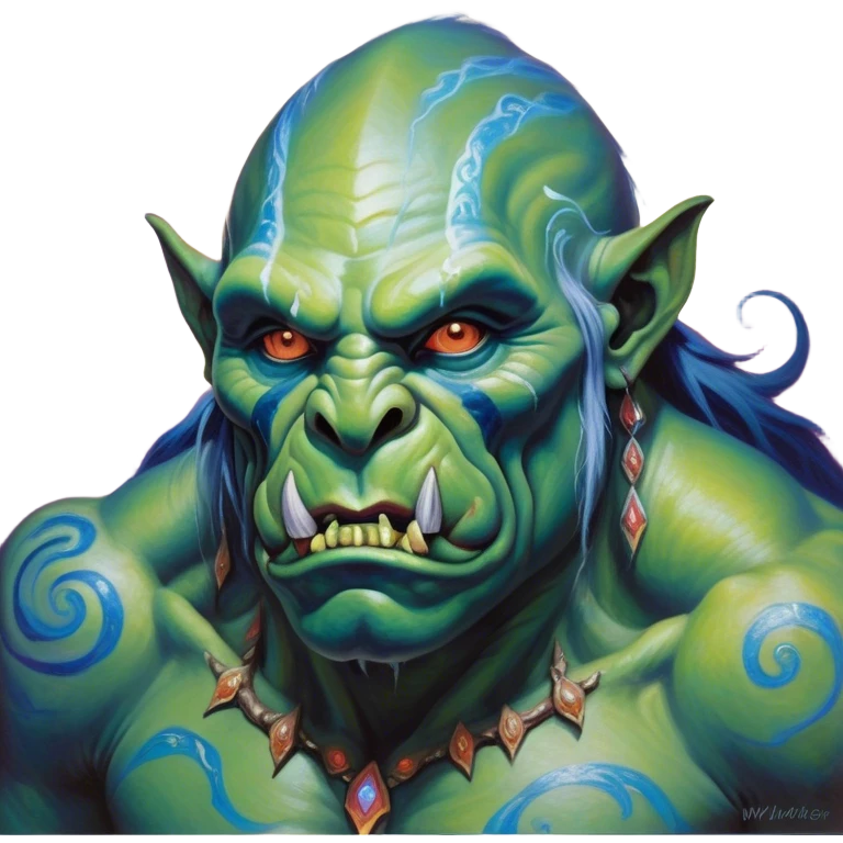 A luminescent galactic enchanted orc, his ethereal presence shimmering with otherworldly energy, each detail radiating with mystical power and ancient wisdom. The painting, a masterpiece of acrylic art, captures the orc's hauntingly beautiful visage in exquisite detail. Swirls of cosmic colors dance around him, evoking a sense of celestial wonder, while intricate patterns of glowing runes adorn his intricate armor. The image is vivid and captivating, drawing viewers into a mesmerizing realm of fantasy and magic. emoji