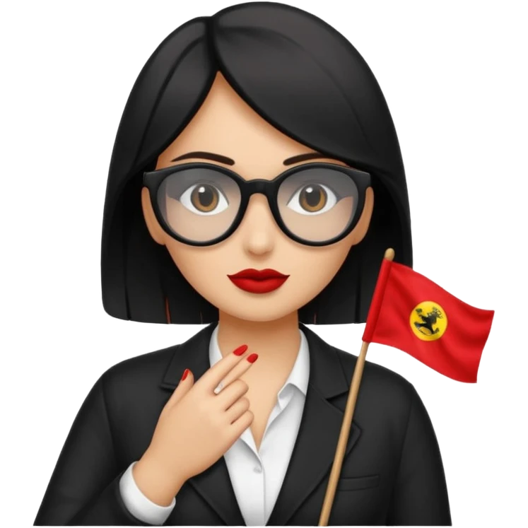 Una mujer morena (de pelo)  con una coleta de color negro) y gafas de sol de color negro y una bandera roja en la mano emoji