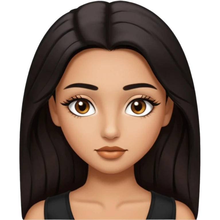 A girl, who has long black styled silk hair, tan skin. almond brown eyes that has black long lashes, small nose and full lips. and a bit of makeup like bronzer. and wearing a white tight top. long black lashes and medium arched brows. looks like a baddie. emoji