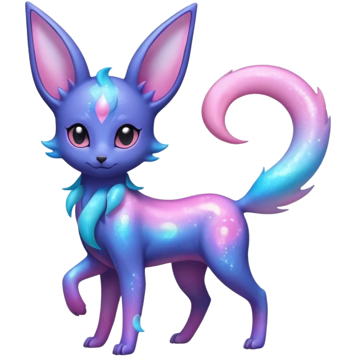 Shiny Iridescent Nebulae Espeon-Umbreon-Sylveon-Fakémon-hybrid-creature (full body)  with a galaxy-dust-flowing-gradient-tail emoji